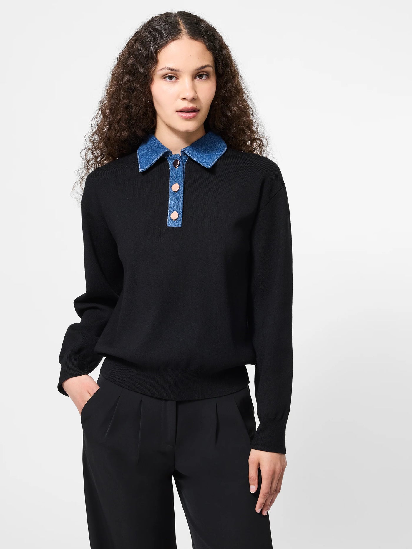 Denim Collar Sweater in Black/Denim Blue
