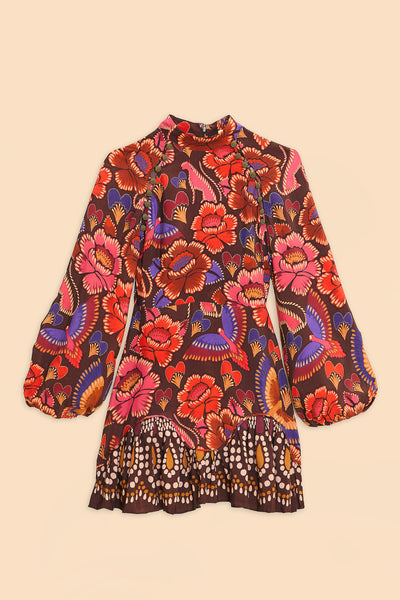 Bright Flora Mini Dress in Brown