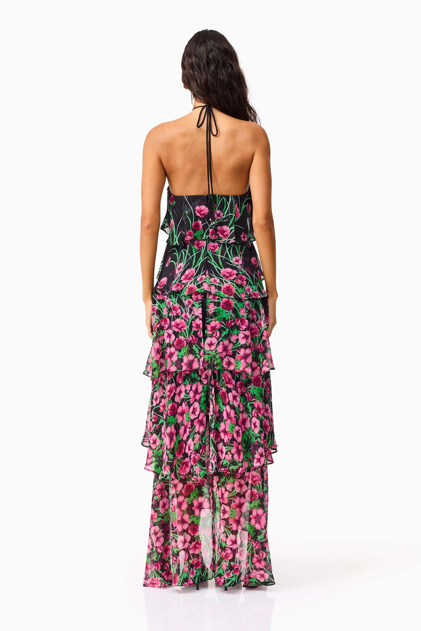 Estelle Halter Gown in Black & Pink Floral