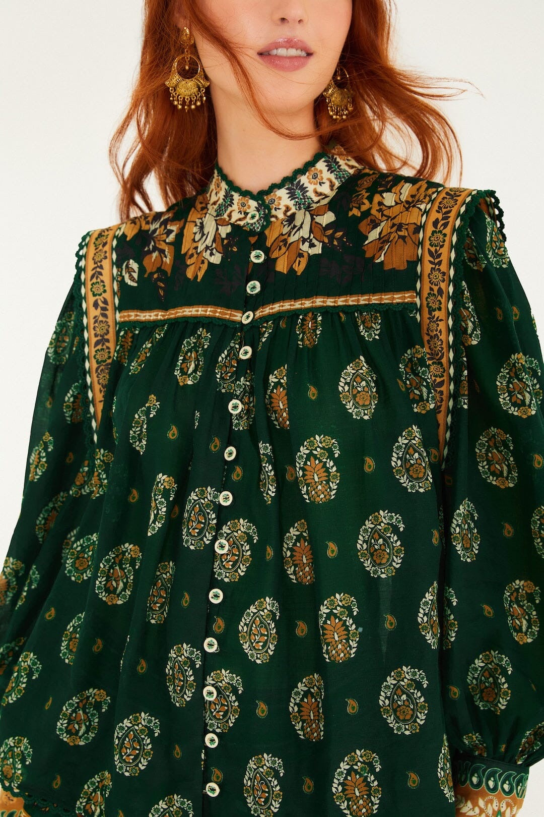 Tayla Lace Buttoned Puff Sleeve Blouse in Green Multi