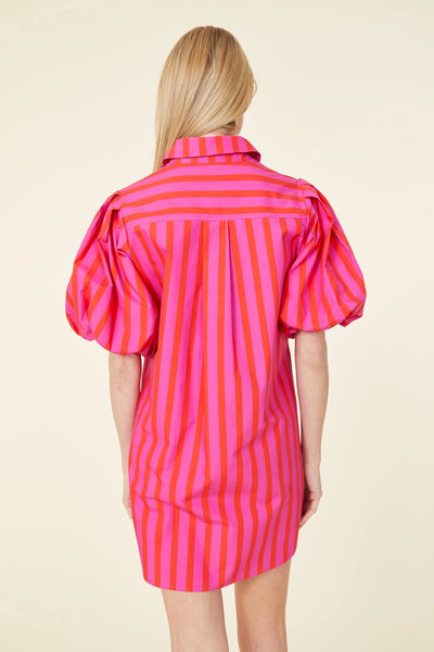 Puff Sleeve Stripe Tunic Dress in Pink/Red