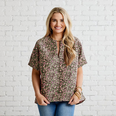 Betsy Jacquard Floral Top in Pink/Green