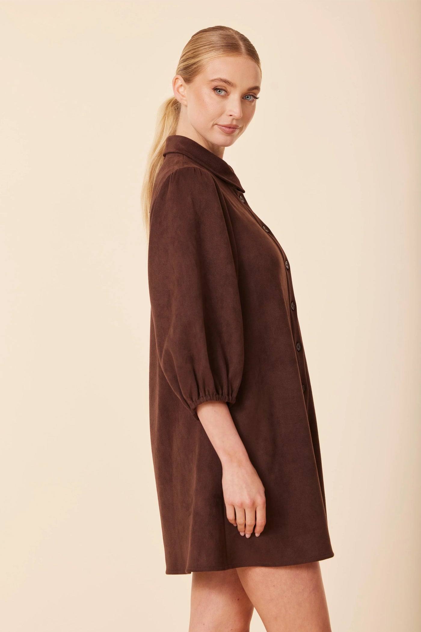 Faux Suede Puff Sleeve Dress in Coffee