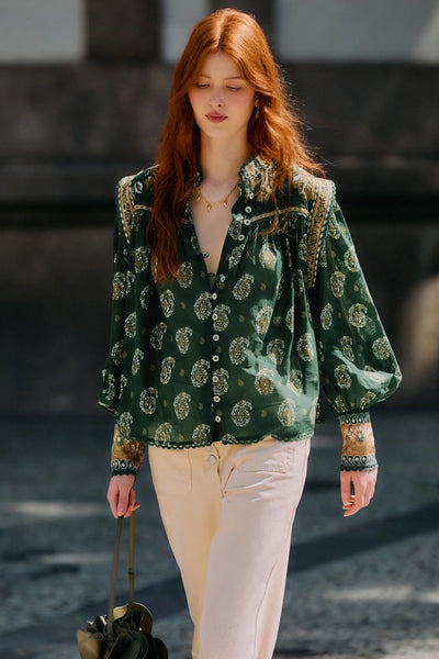 Tayla Lace Buttoned Puff Sleeve Blouse in Green Multi