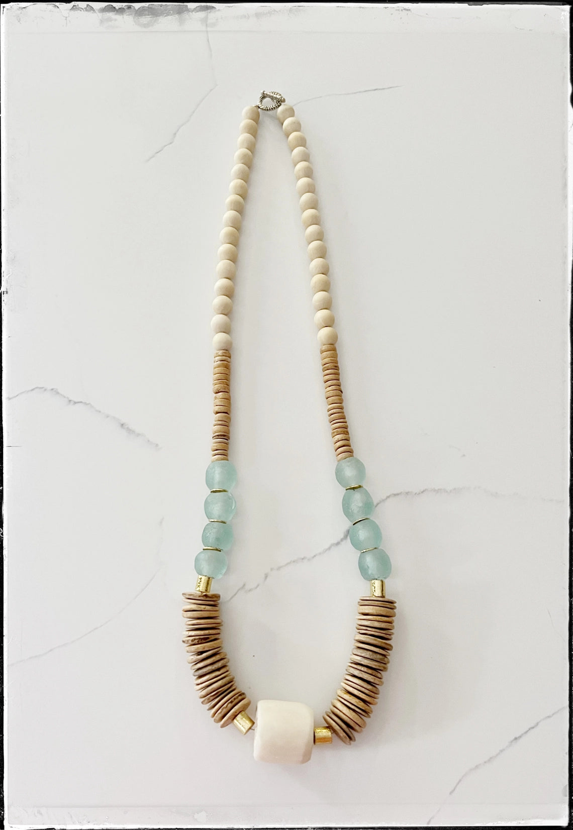 Coconut Wood & White African Bone Bead Necklace Glass in Tan