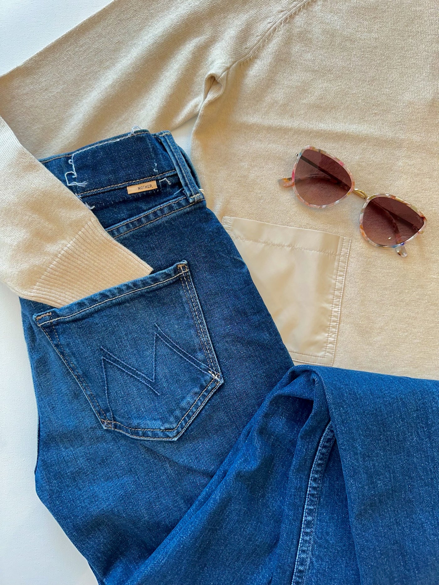 Nylon 2 Pocket Crew Sweater in Latte