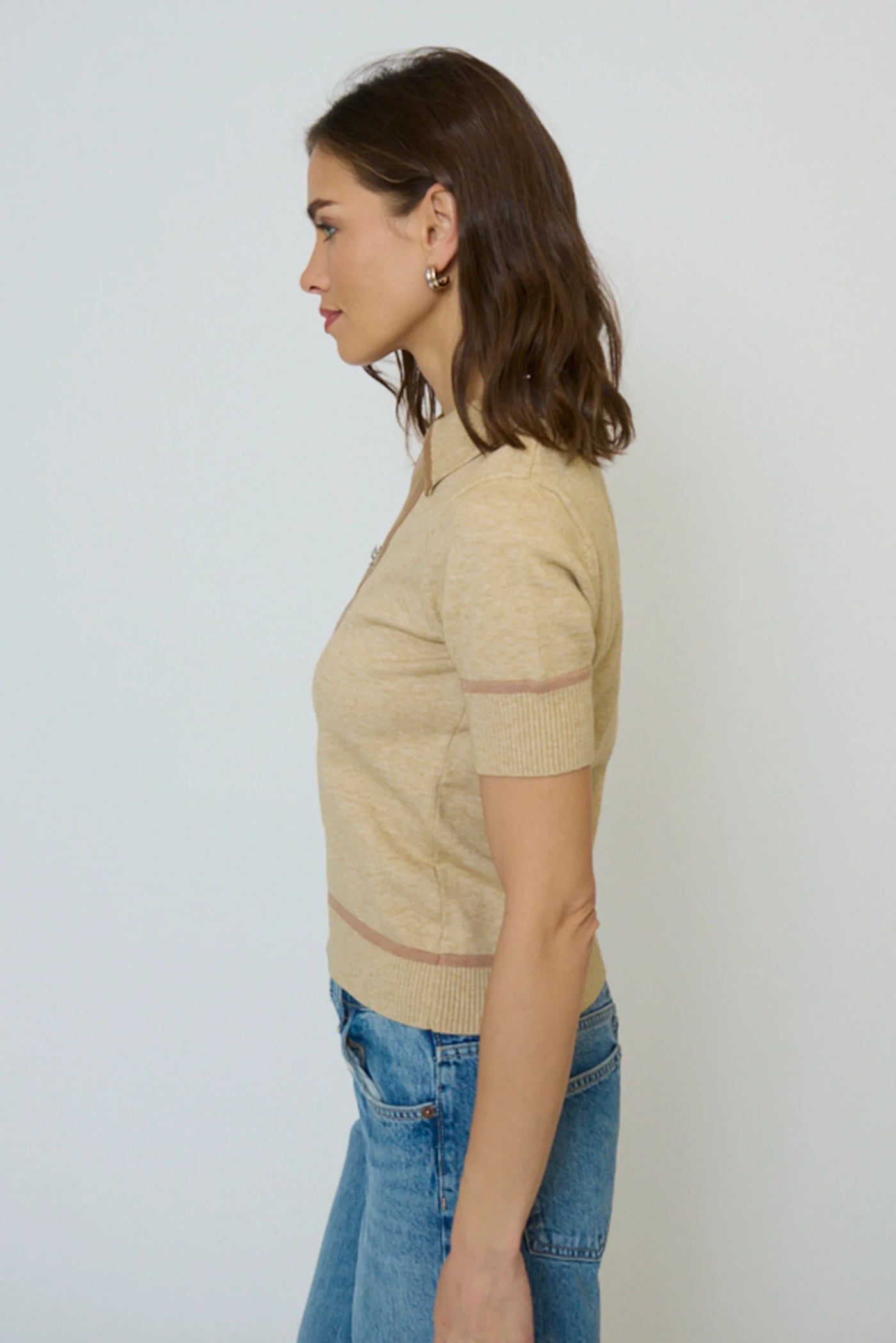 Atlast Vegan Leather Trim Zip Up Polo in Oat
