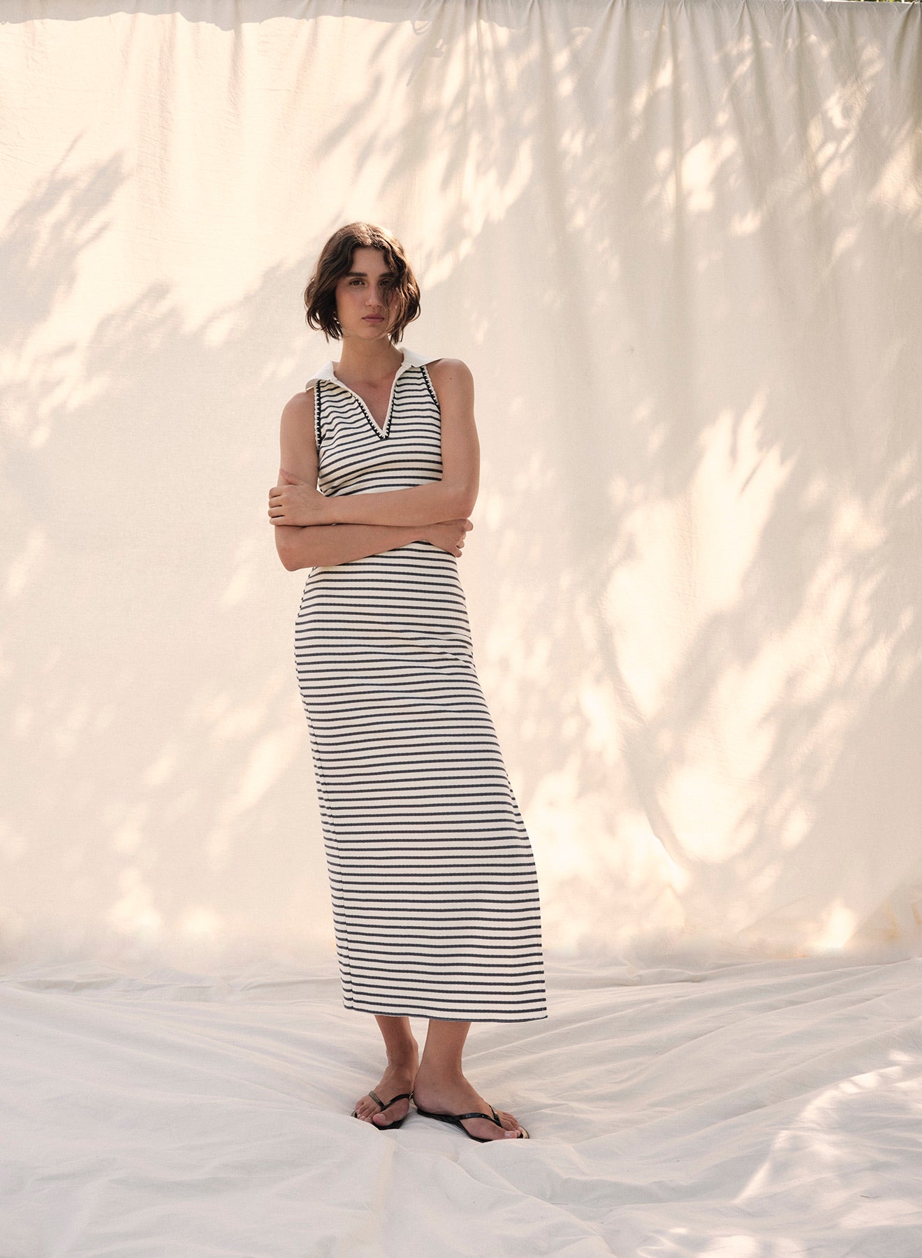 Giada Stripe Midi Dress in Navy/White