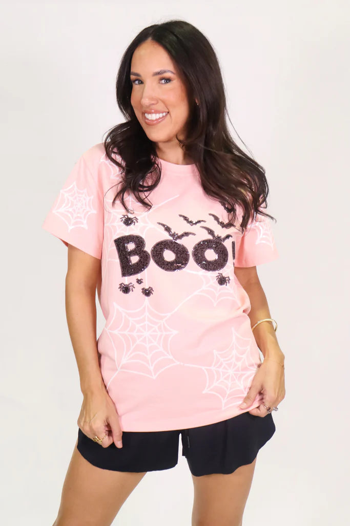 Sequin 'Boo' Spider Web Tee in Pink
