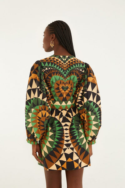 Heart Deco Puff Sleeve Mini Dress in Green