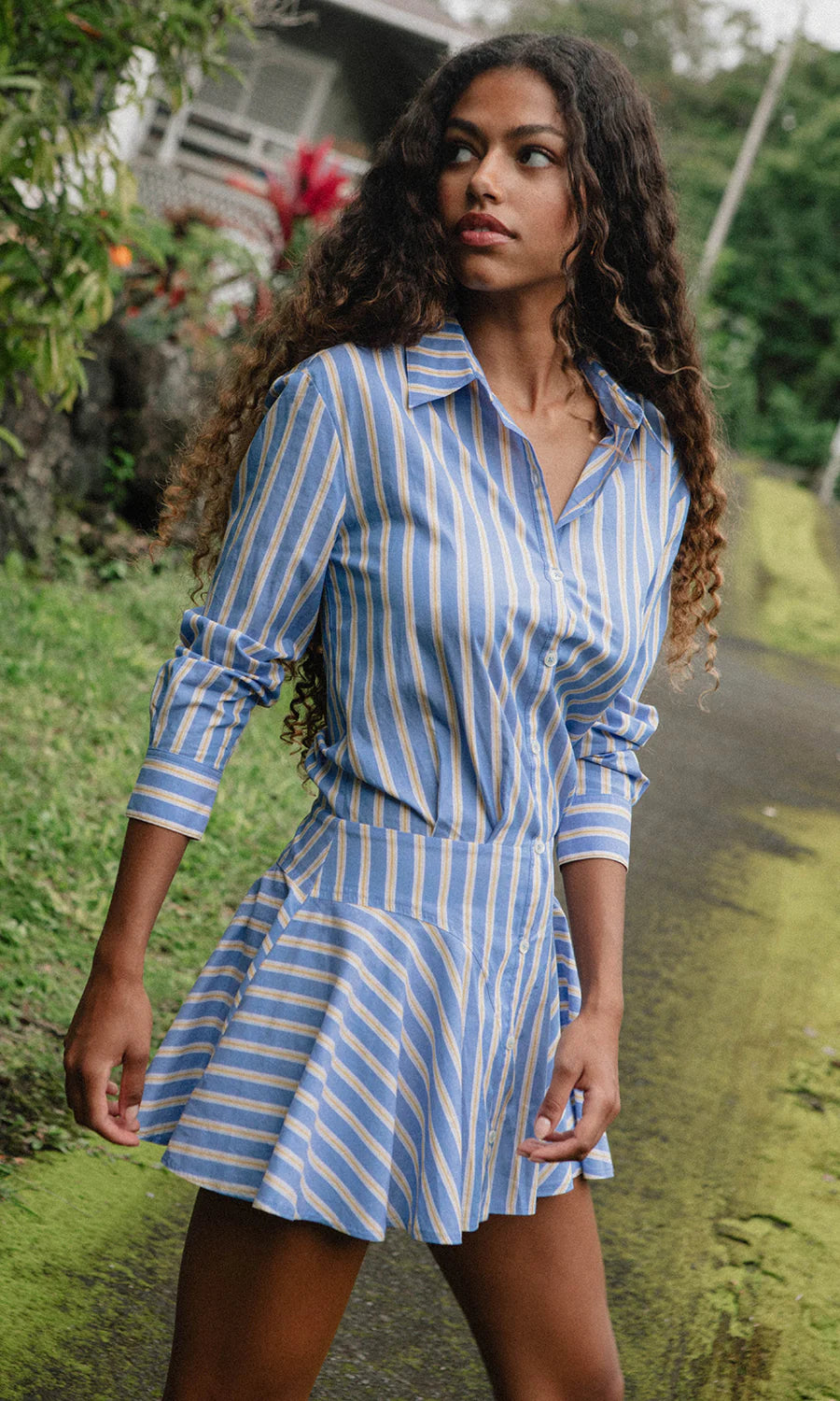 Naeem Shirting Mini Dress in Blue and Yellow