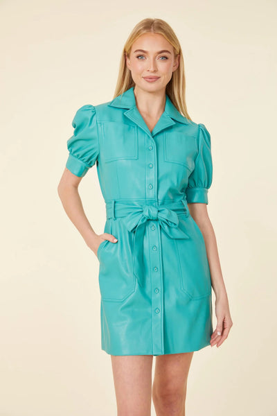 Vegan Leather Short Sleeve Belted Dress in Seafoam