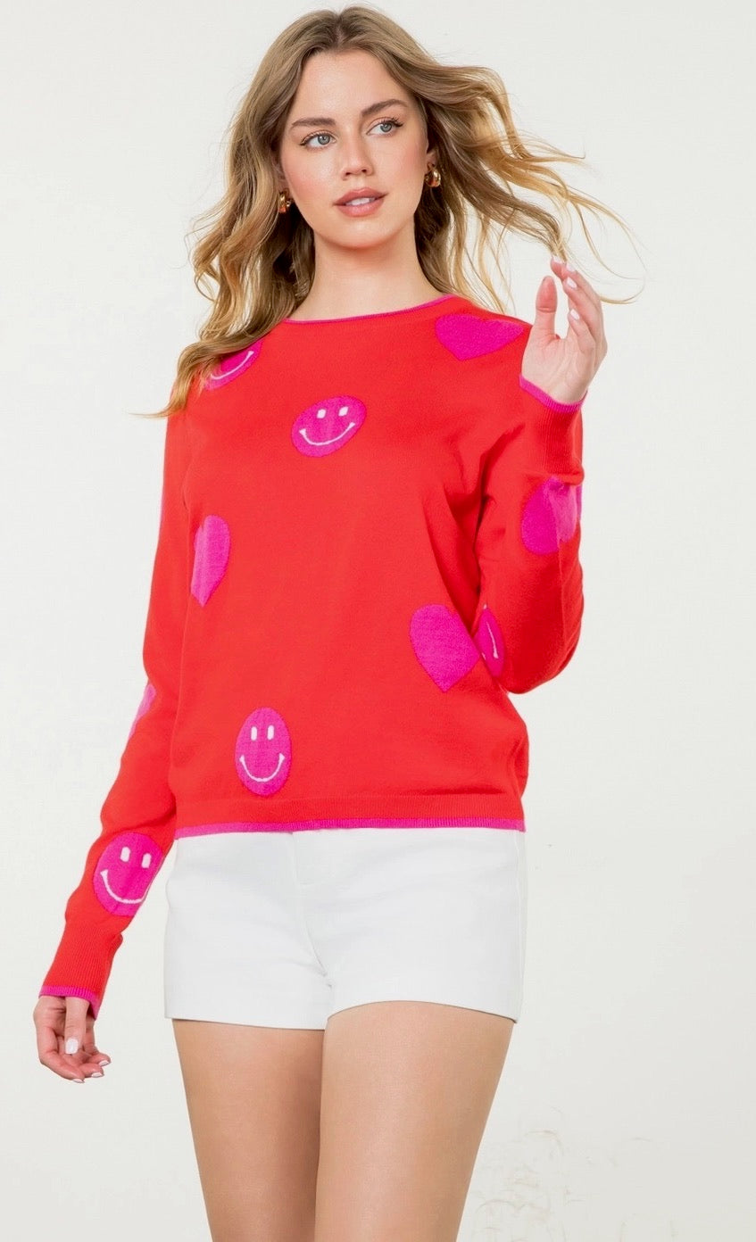 Heart and Smiley Face Sweater in Red/Hot Pink