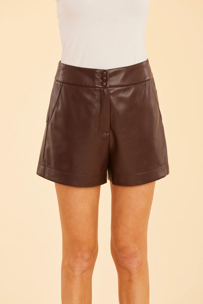 Buttoned Vegan Leather Shorts in Coffee