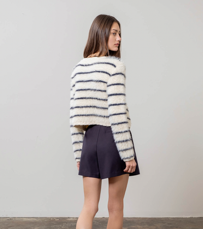 Round Neck Striped Cardigan in Ivory