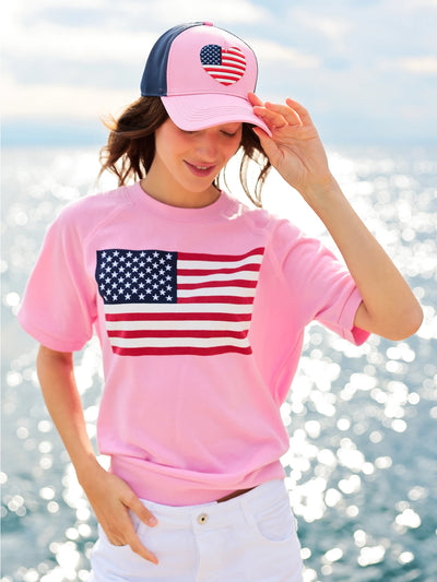 American Flag Short Sleeve Sweatshirt in Pink