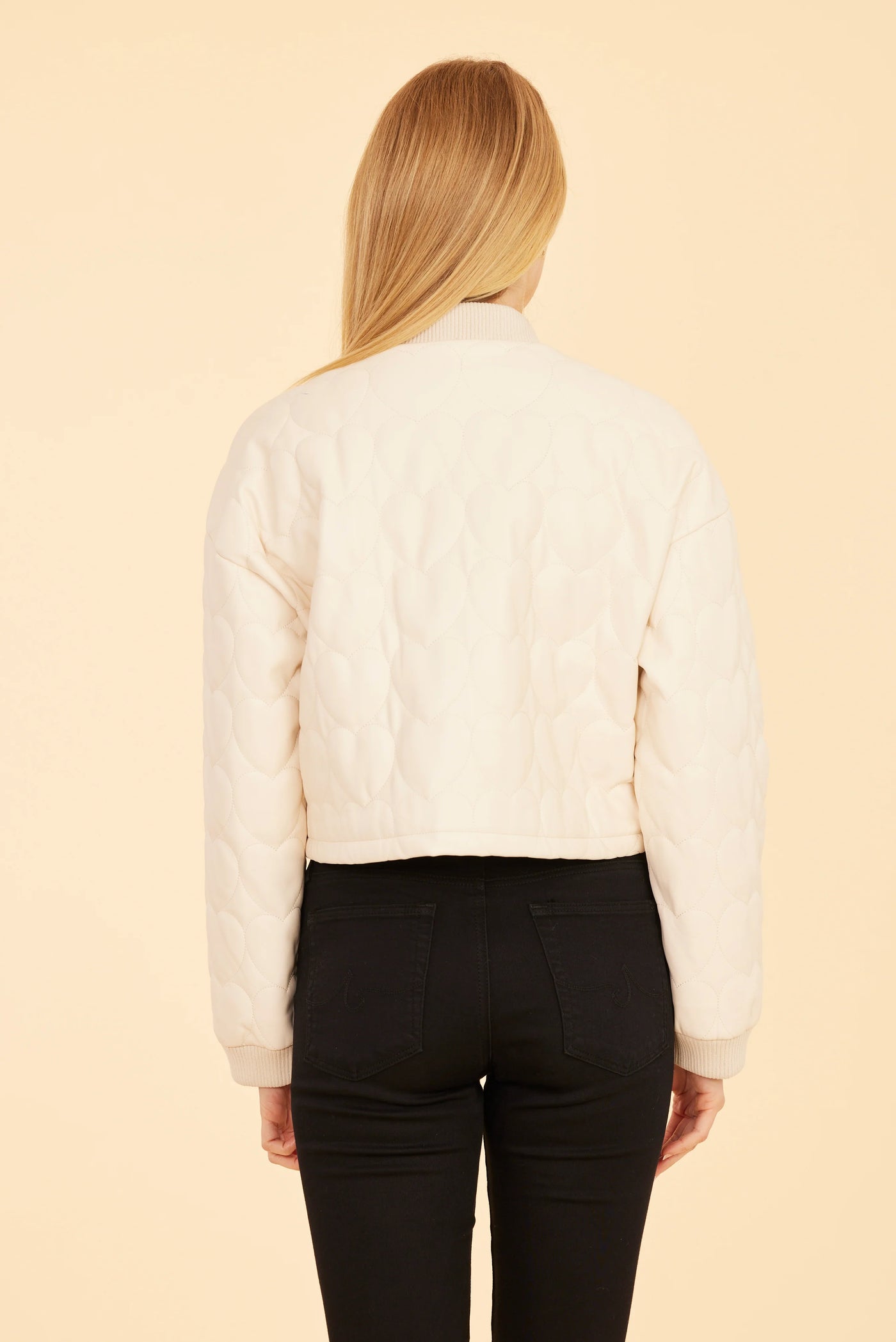 Heart Quilted Baseball Jacket in Creme