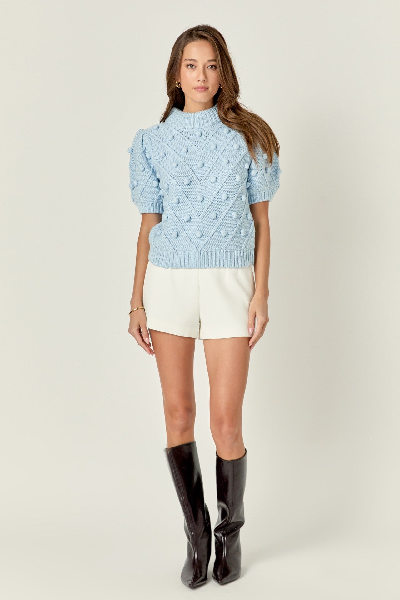 Pom Pom Puff Sleeve Sweater in Powder Blue