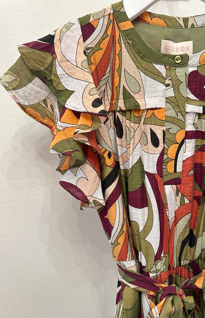 Nythia Printed Flutter Midi Dress in Green Multi