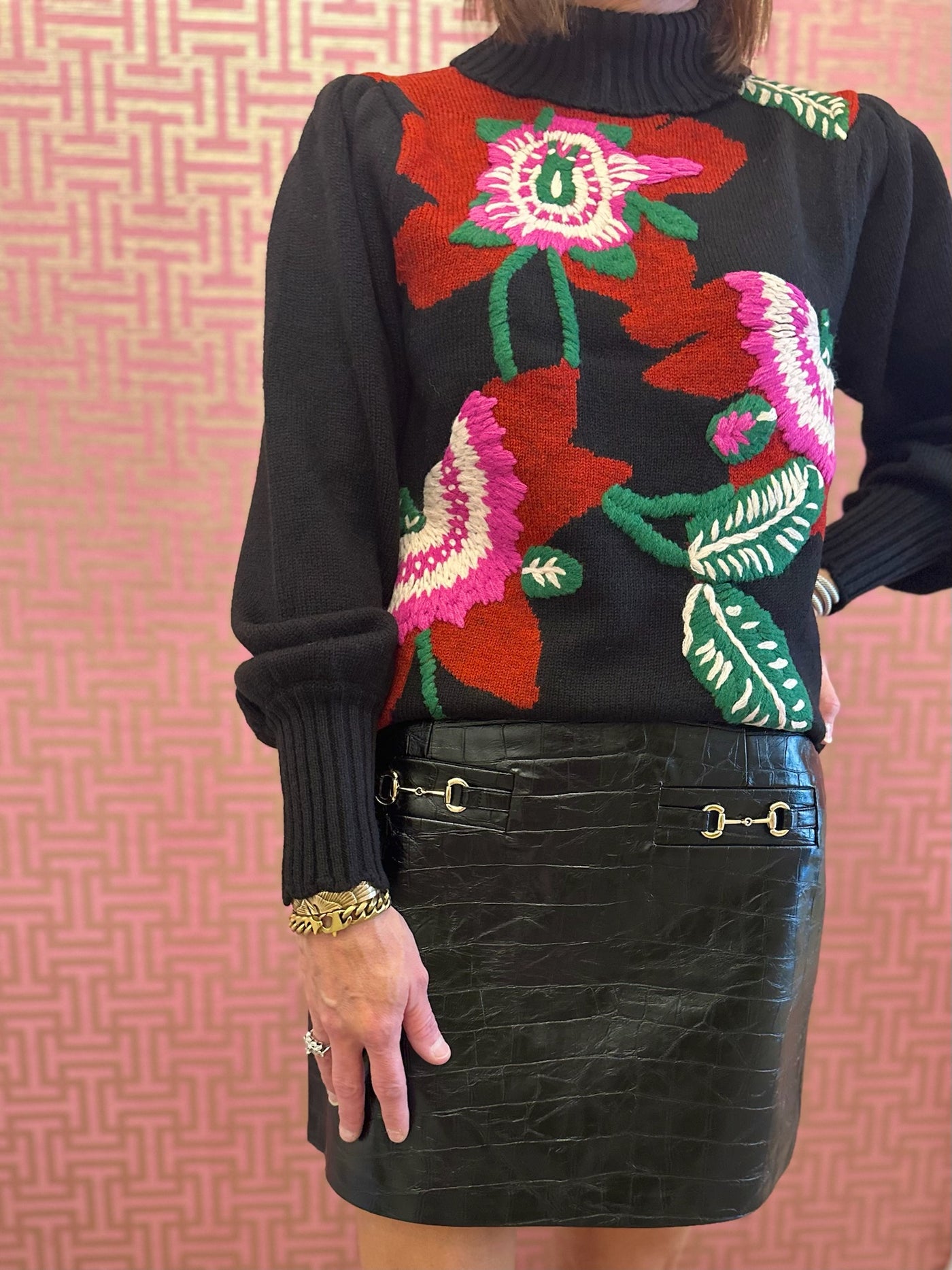 Faux Leather Horse Bit Skirt in Black Croc