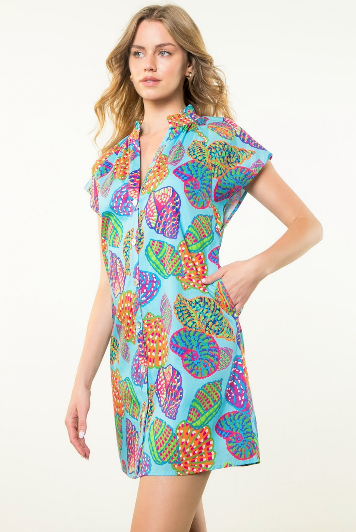 Seashell Button Up Dress in Blue Multi