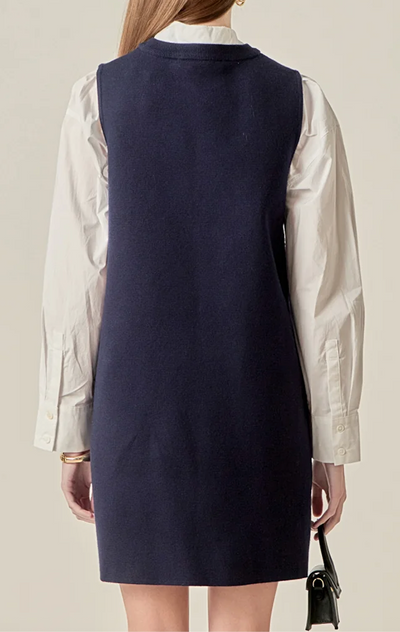 Stitch Detail Knit Mini Dress in Navy/White