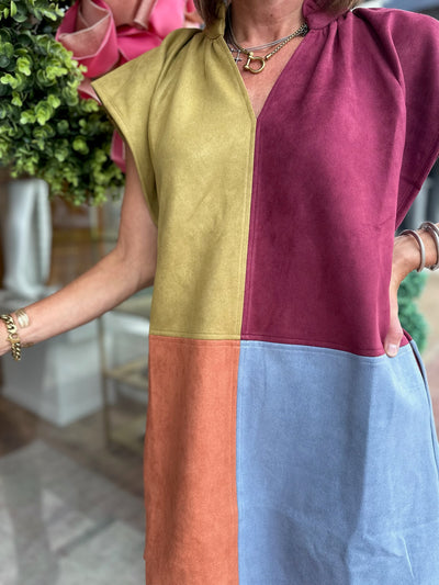 Retro Suede Mini Dress in Multi Colorblock