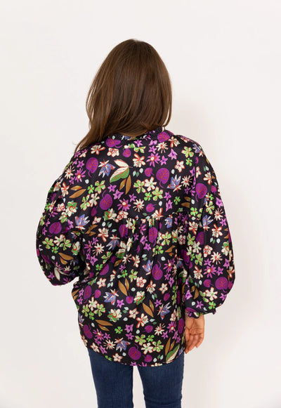 Floral Satin Vneck Top in Black Floral Multi