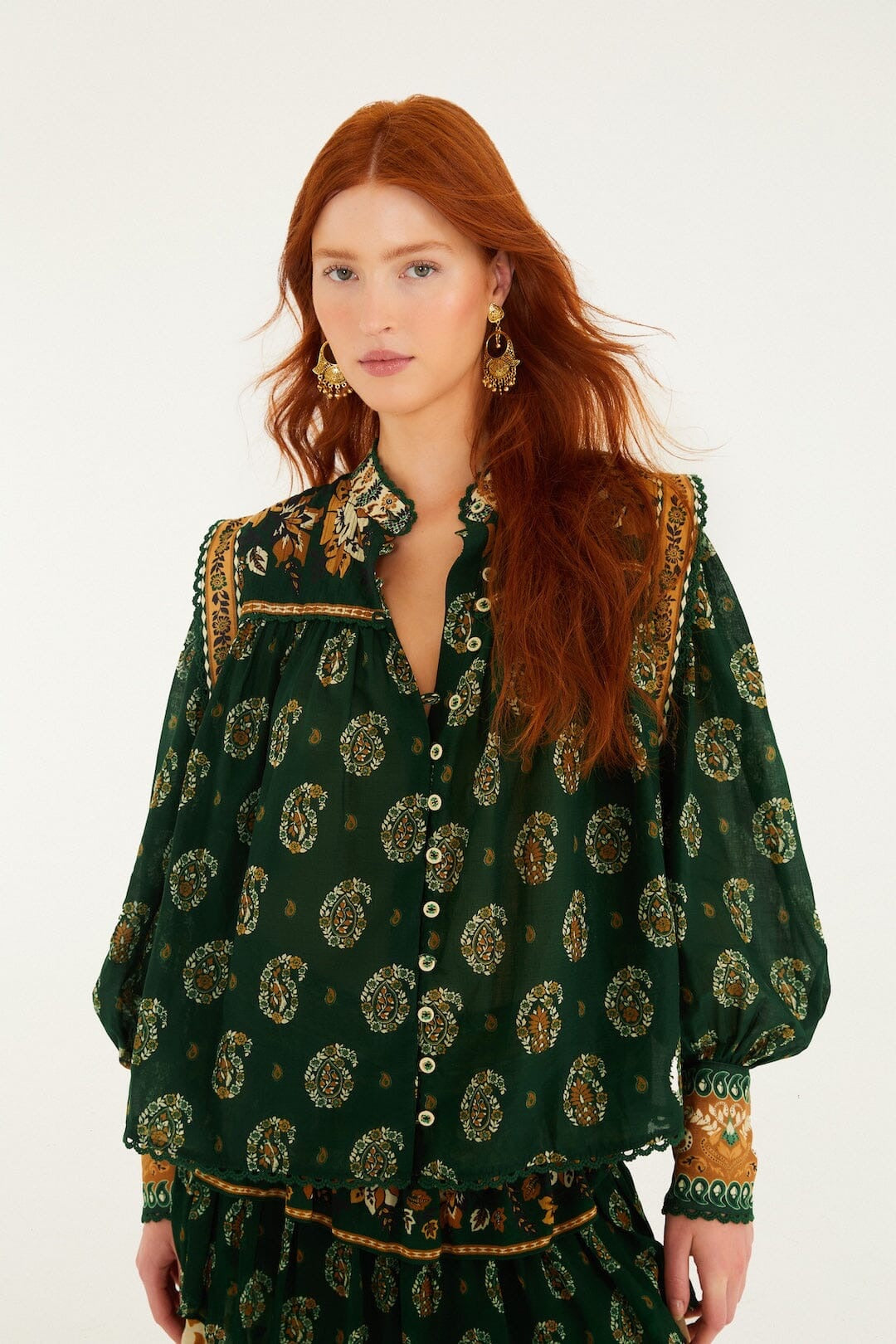 Tayla Lace Buttoned Puff Sleeve Blouse in Green Multi