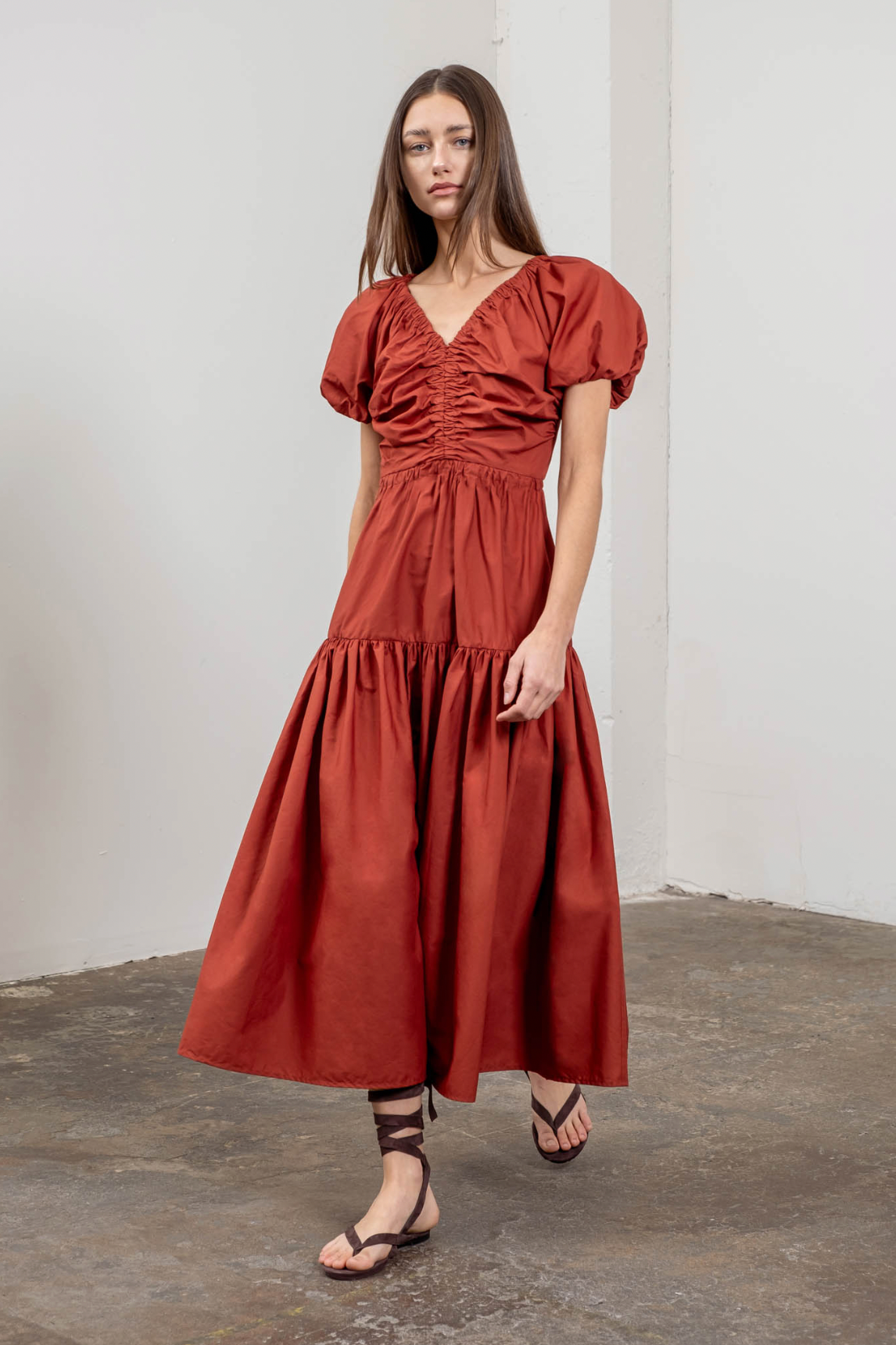 Puff Sleeve Tiered Midi Dress in Brick