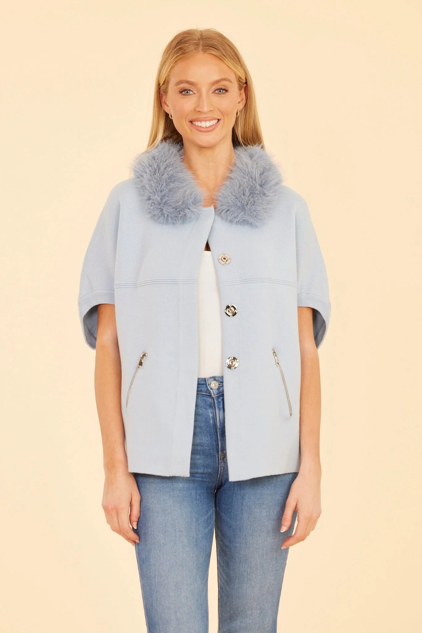 Faux Fur Trim Cardigan in Baby Blue