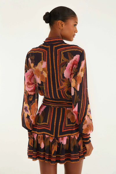 Chenille Flowers Belted Long Sleeve Mini Dress in Black