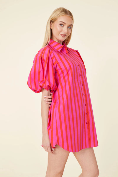 Puff Sleeve Stripe Tunic Dress in Pink/Red