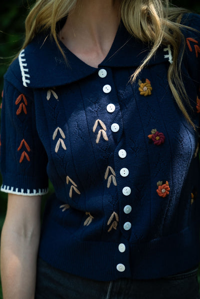 Hand Embroidered Short Sleeve Button Down Sweater in Navy Multi