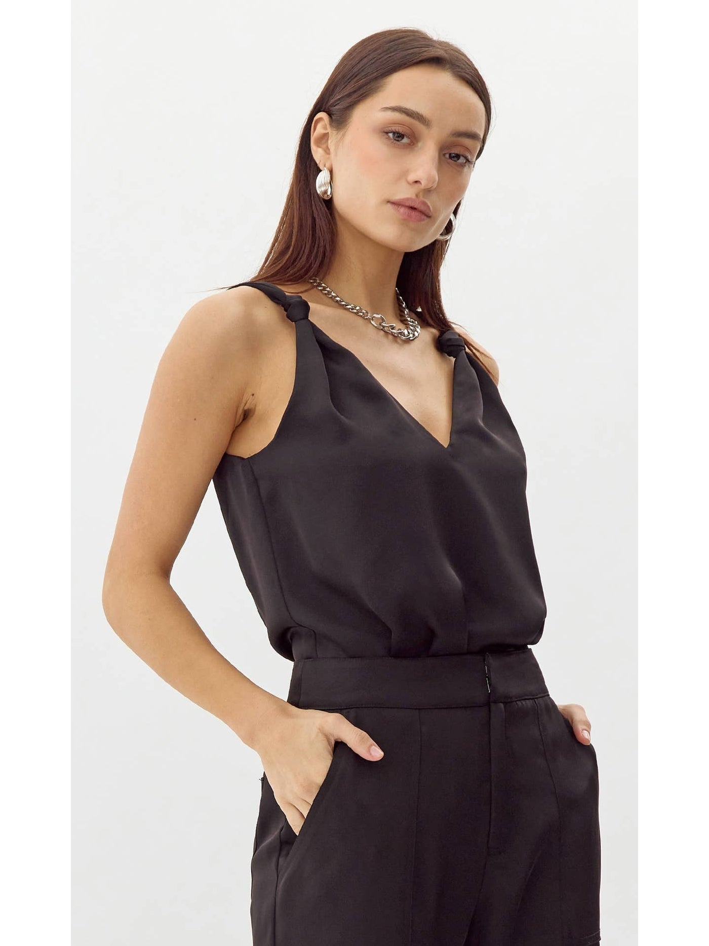 Kassi Shoulder Knot Satin Top in Black