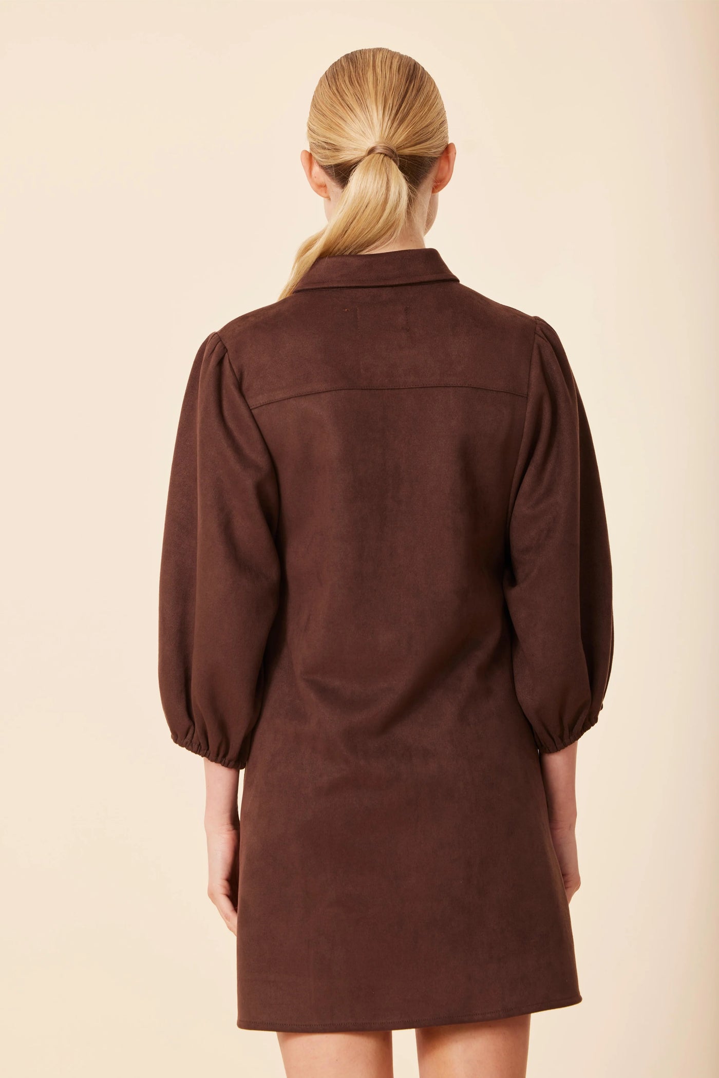 Faux Suede Puff Sleeve Dress in Coffee