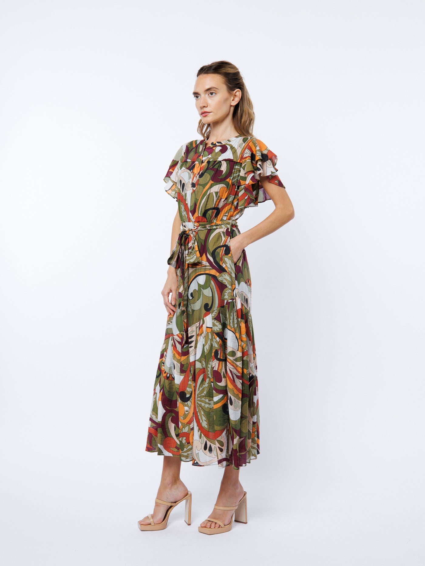 Nythia Printed Flutter Midi Dress in Green Multi