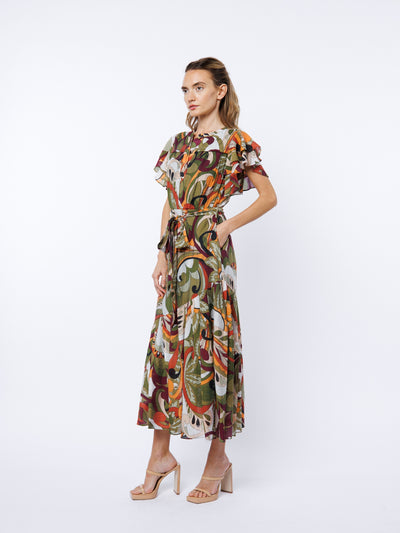Nythia Printed Flutter Midi Dress in Green Multi