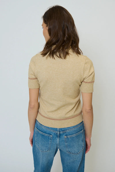 Atlast Vegan Leather Trim Zip Up Polo in Oat