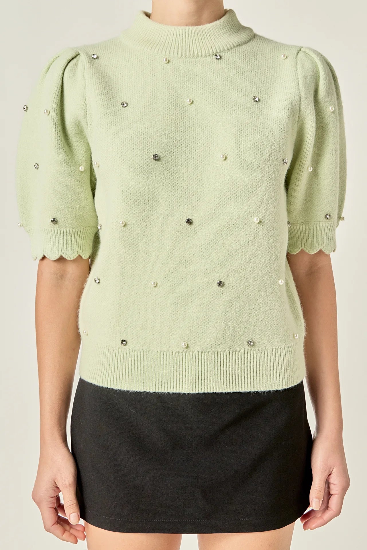 Scalloped Puff Sleeve Embellished Sweater in Sage