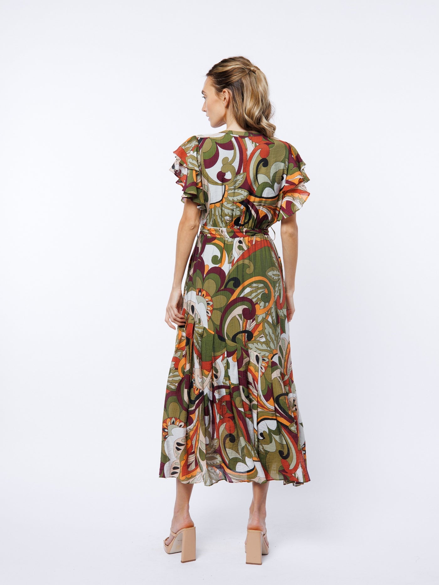 Nythia Printed Flutter Midi Dress in Green Multi