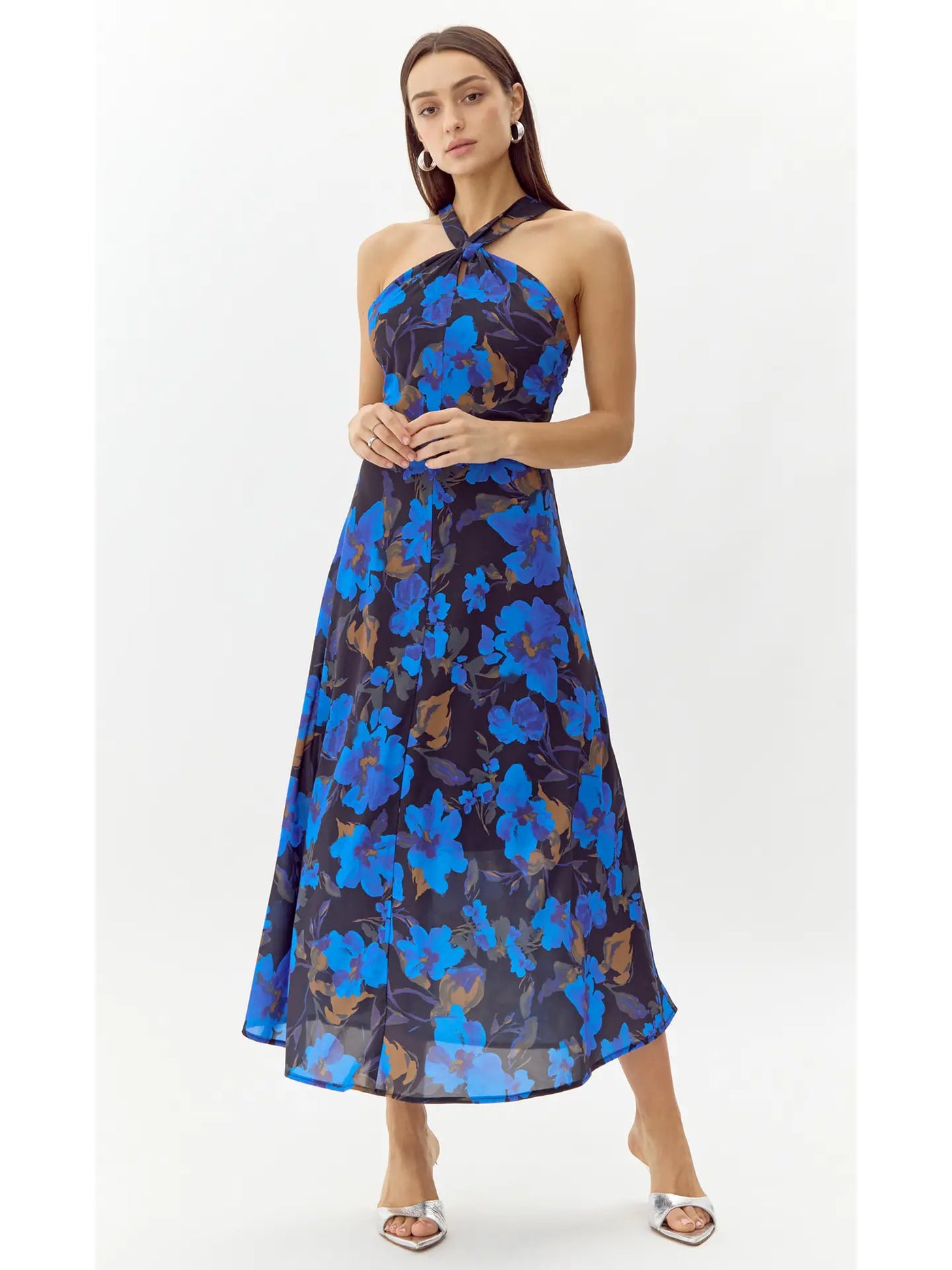 Anastasia Floral Halter Top Midi Dress in Electric Blue