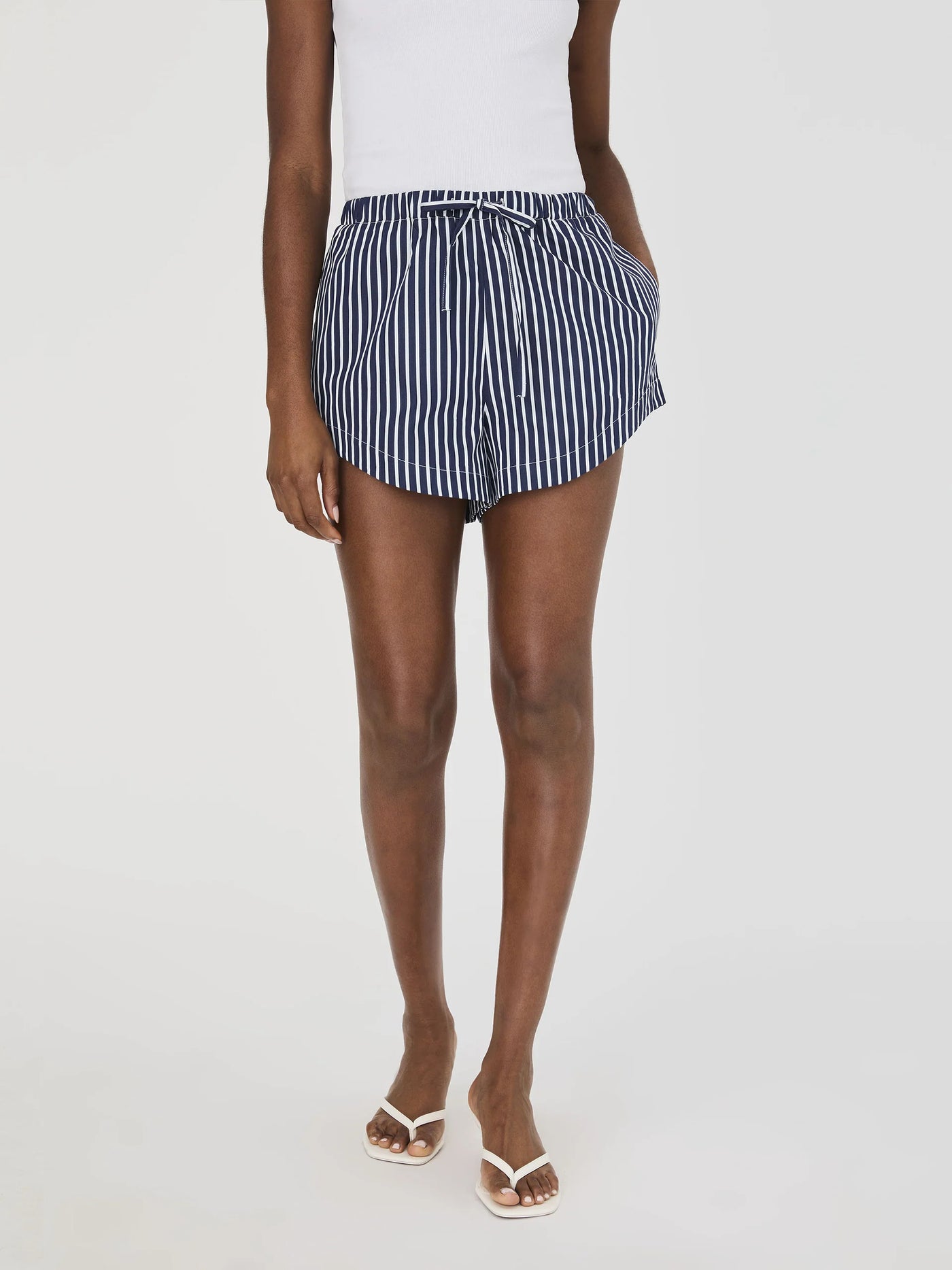 Alexis Cotton Drawstring Striped Shorts in Marine/Summer White
