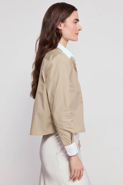 The Long Sleeve Boxy Crop in Taupe/White Collar