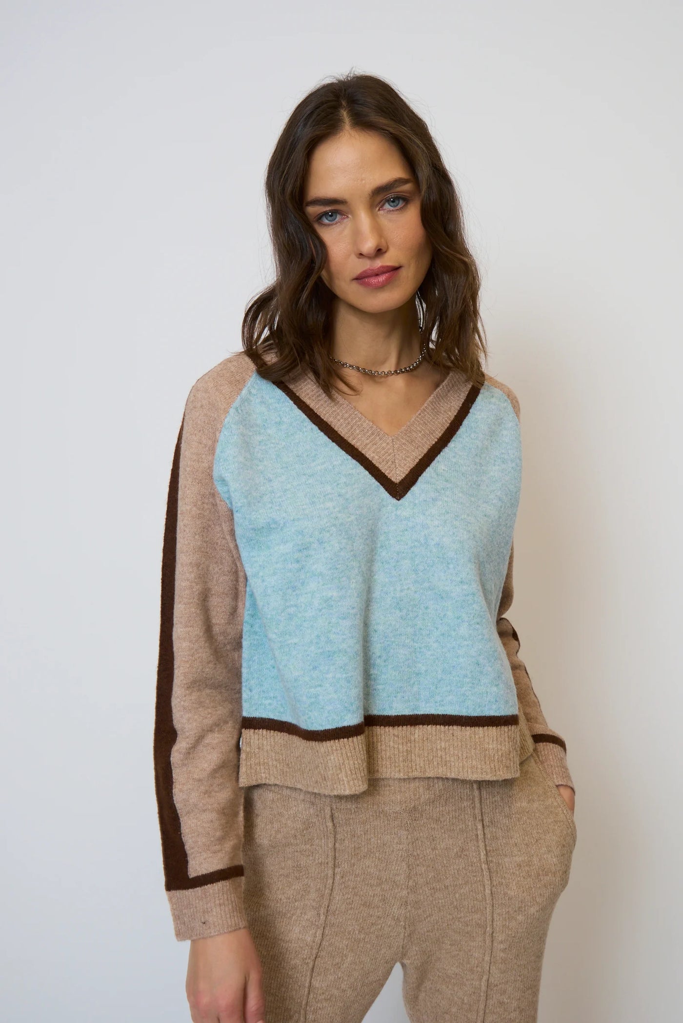 Ash Color Blocked V Neck in Blue Multi