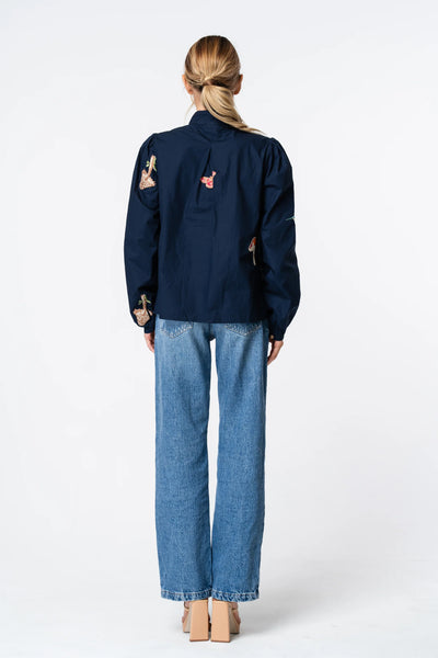 Emmy Embroidered Parkscape Top in Navy
