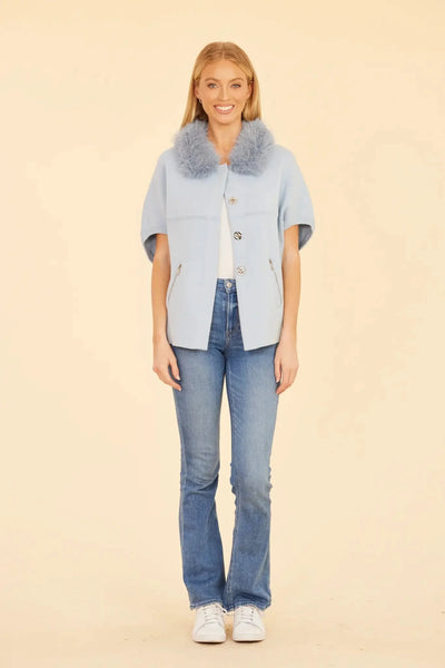 Faux Fur Trim Cardigan in Baby Blue