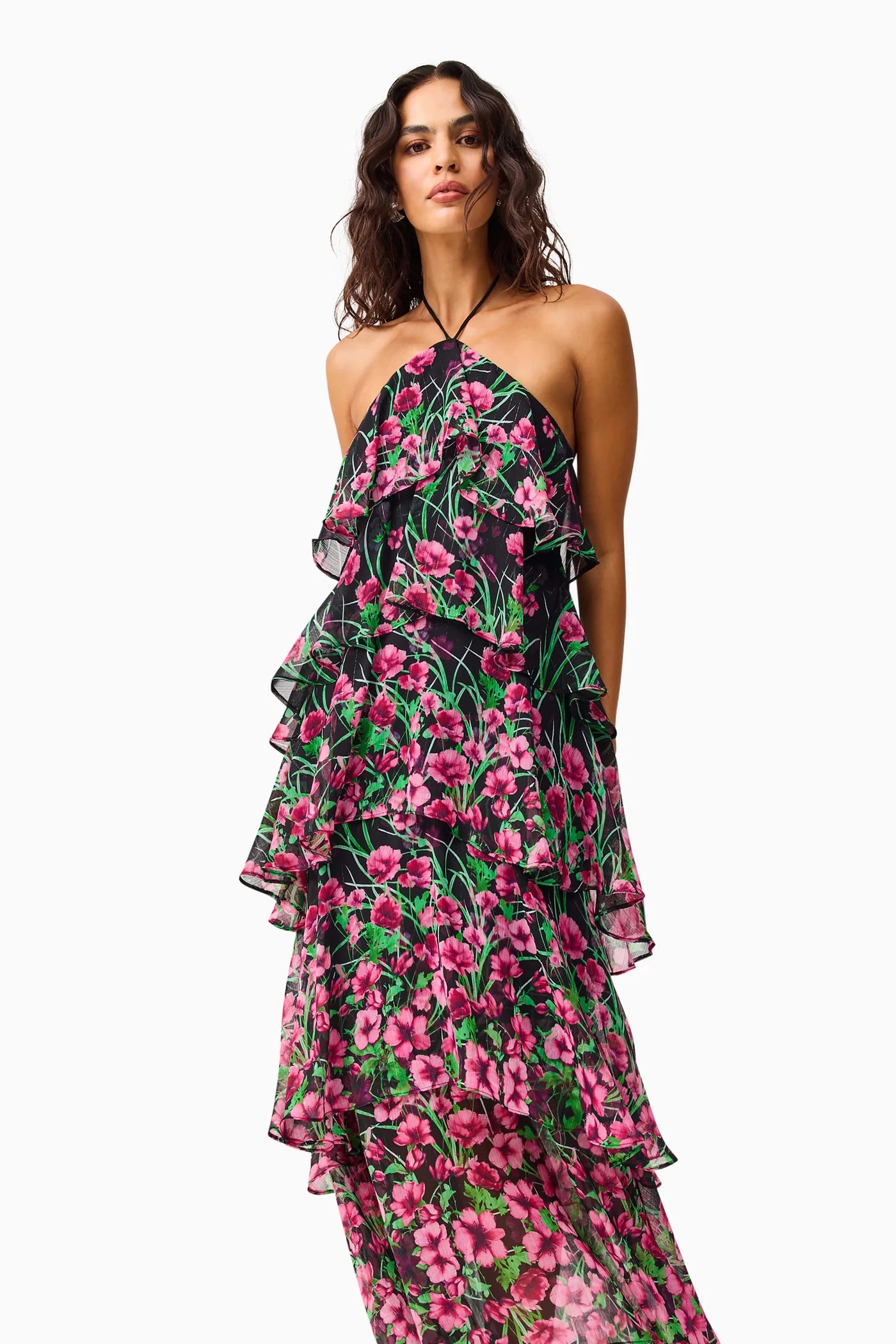 Estelle Halter Gown in Black & Pink Floral