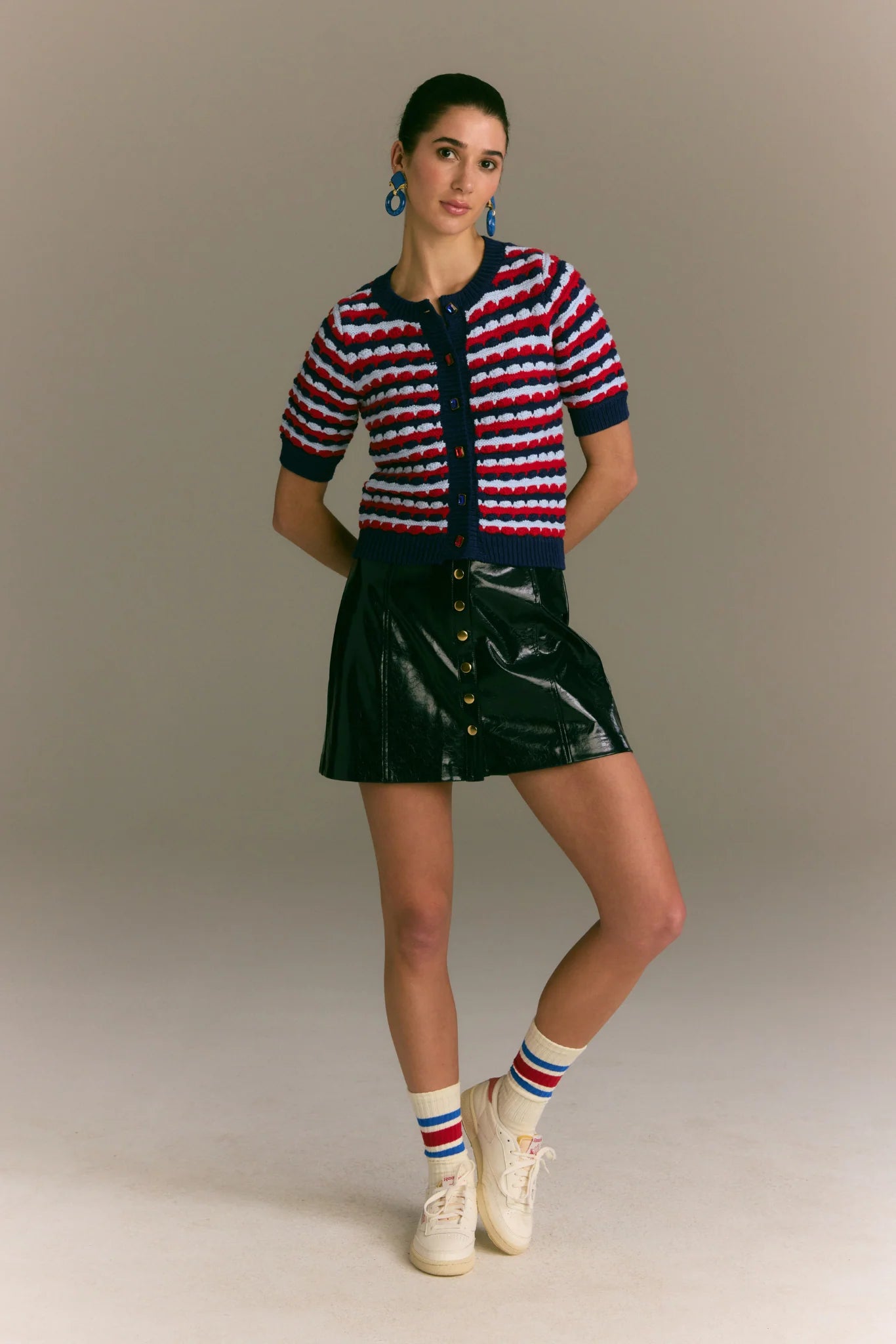 Short Sleeve Adelle Cardigan in Navy/Red