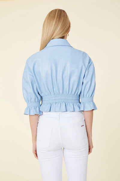 Vegan Leather Short Shirt Jacket in Blue Bird